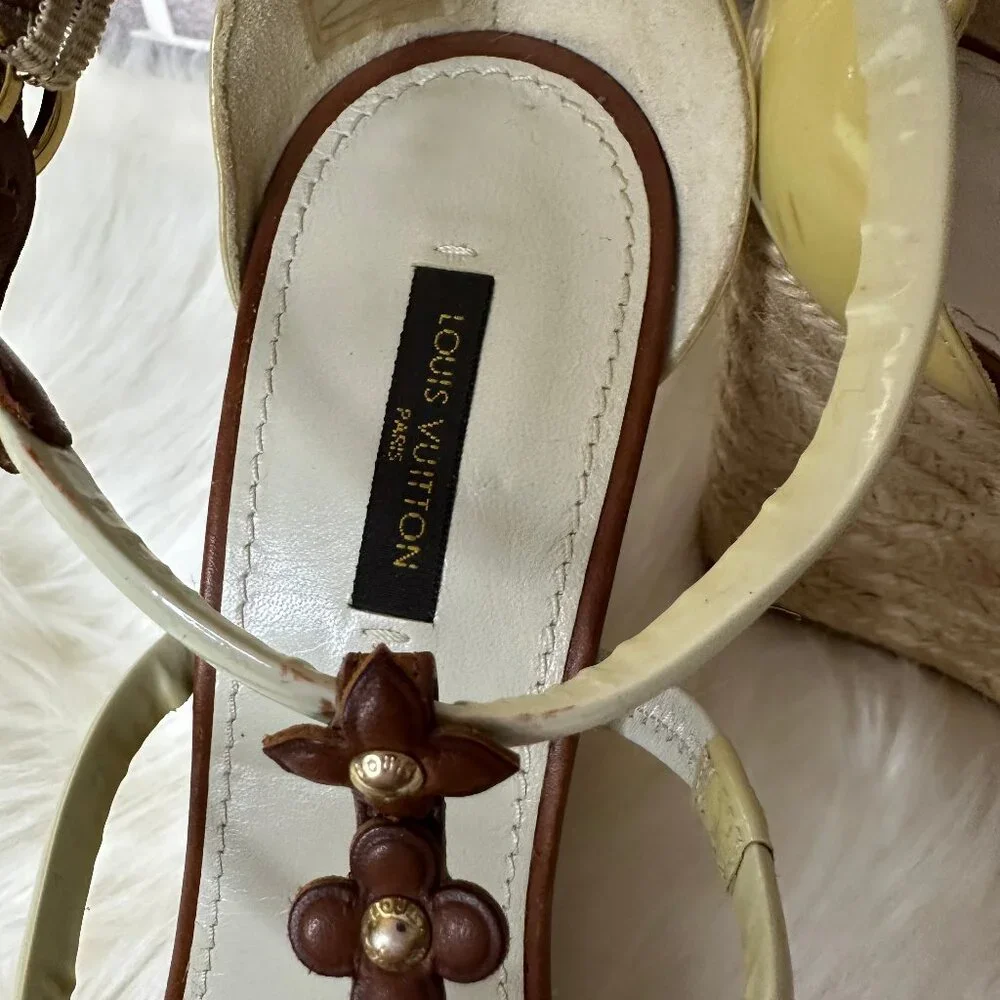 ❌SOLD❌Authentic Louis Vuitton Cream & Brown Leather/Enamel Flower Wedge Sandals - Picture 7 of 16